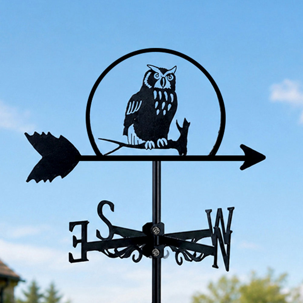 Owl on branch metal weather vane with directional arrows and mounting rod, outdoor roof and garden decoration