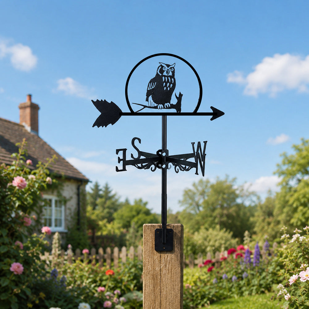 Owl on branch metal weather vane with directional arrows and mounting rod, outdoor roof and garden decoration