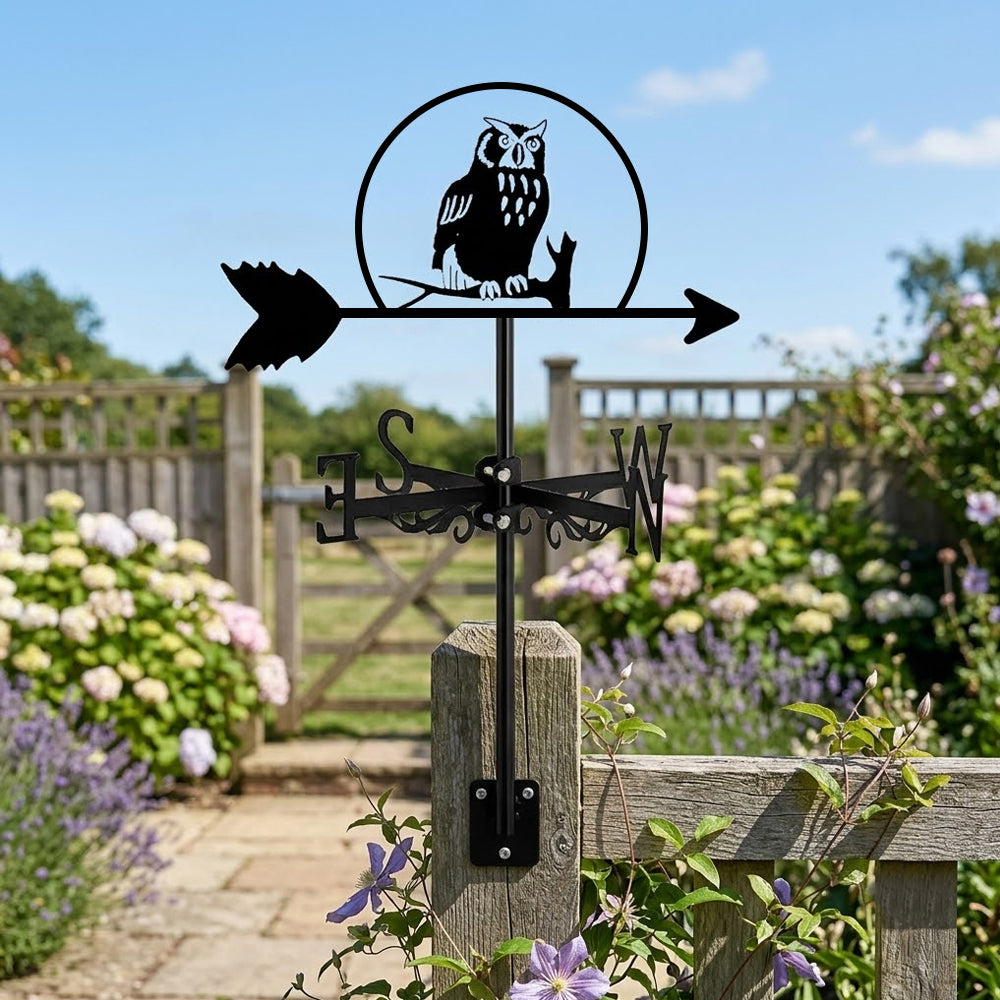 Owl on branch metal weather vane with directional arrows and mounting rod, outdoor roof and garden decoration