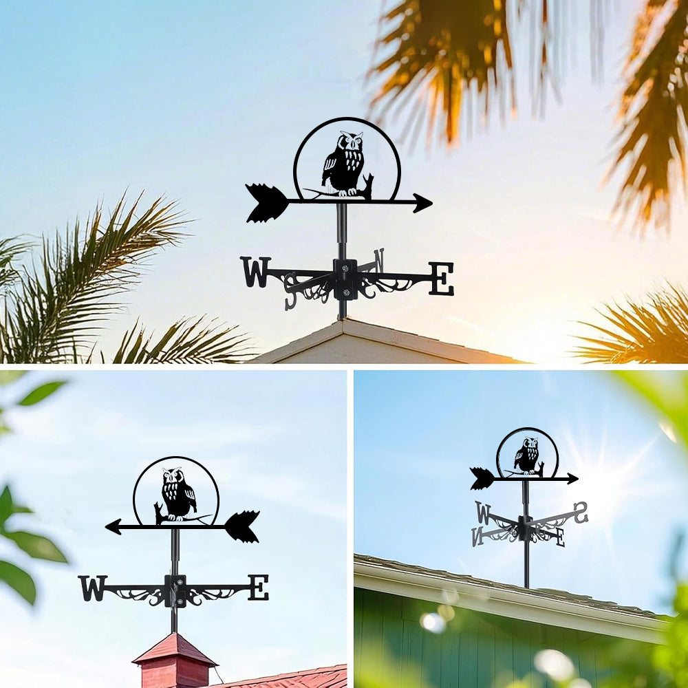 Owl on branch metal weather vane with directional arrows and mounting rod, outdoor roof and garden decoration