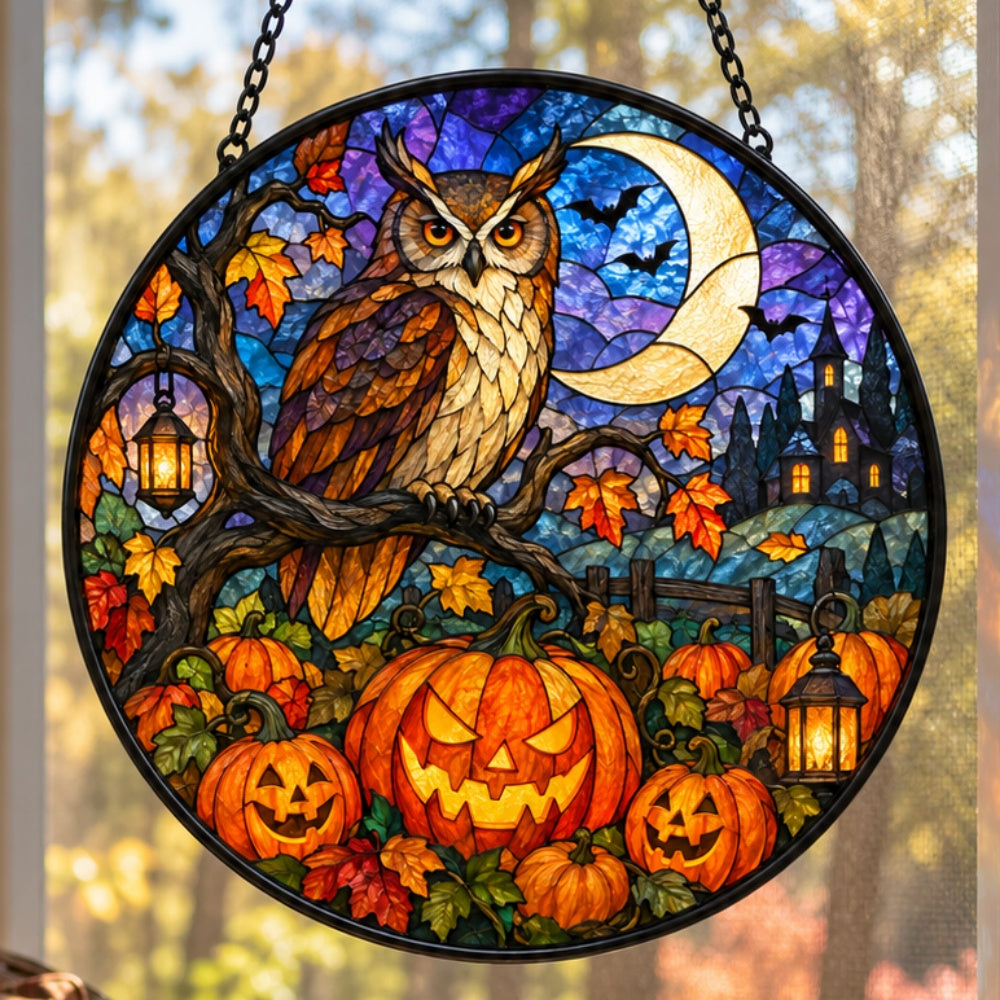 Owl Pumpkin Field Halloween stained glass suncatcher window hanging, suitable for home and garden decoration