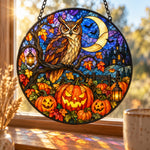 Owl Pumpkin Field Halloween stained glass suncatcher window hanging, suitable for home and garden decoration