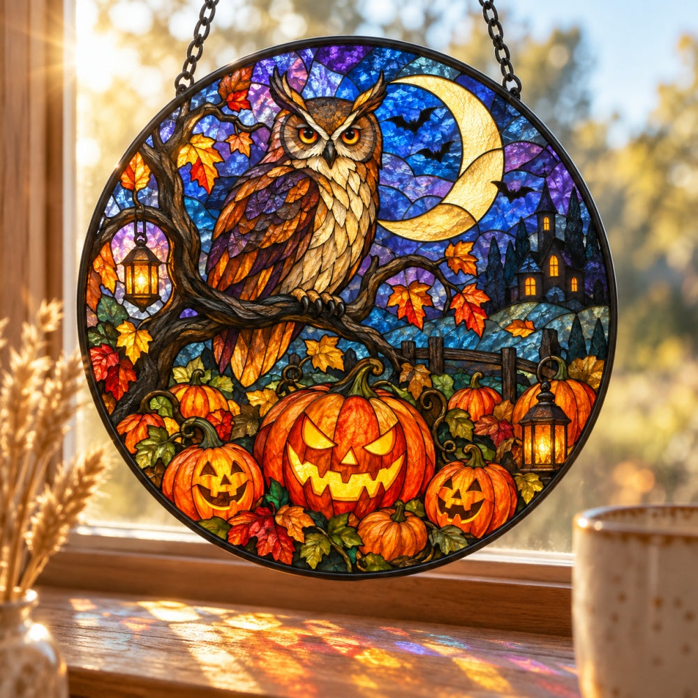 Owl Pumpkin Field Halloween stained glass suncatcher window hanging, suitable for home and garden decoration