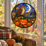 Owl Pumpkin Field Halloween stained glass suncatcher window hanging, suitable for home and garden decoration