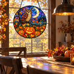 Owl Pumpkin Field Halloween stained glass suncatcher window hanging, suitable for home and garden decoration