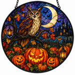 Owl Pumpkin Field Halloween stained glass suncatcher window hanging, suitable for home and garden decoration