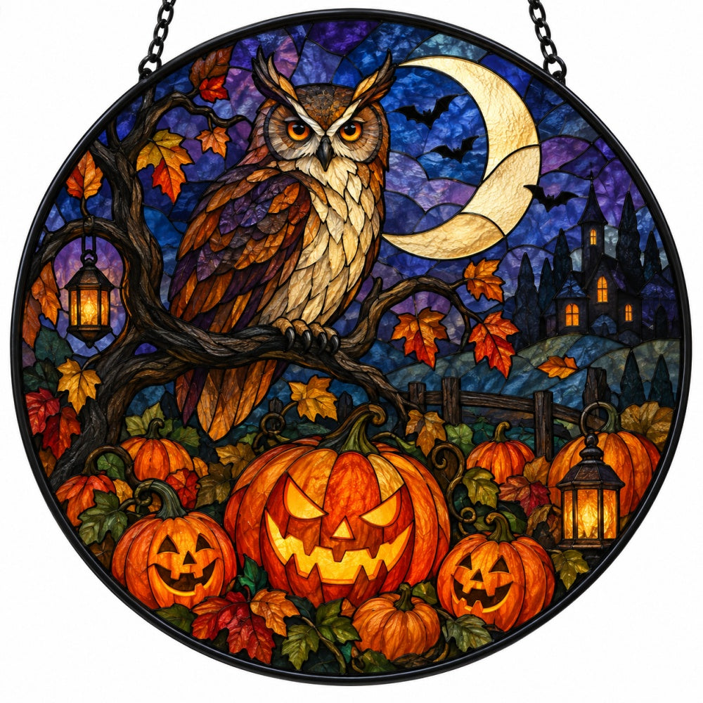 Owl Pumpkin Field Halloween stained glass suncatcher window hanging, suitable for home and garden decoration