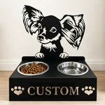 Personalized papillon metal dog bowl stand with custom name cutout and two removable feeding bowls