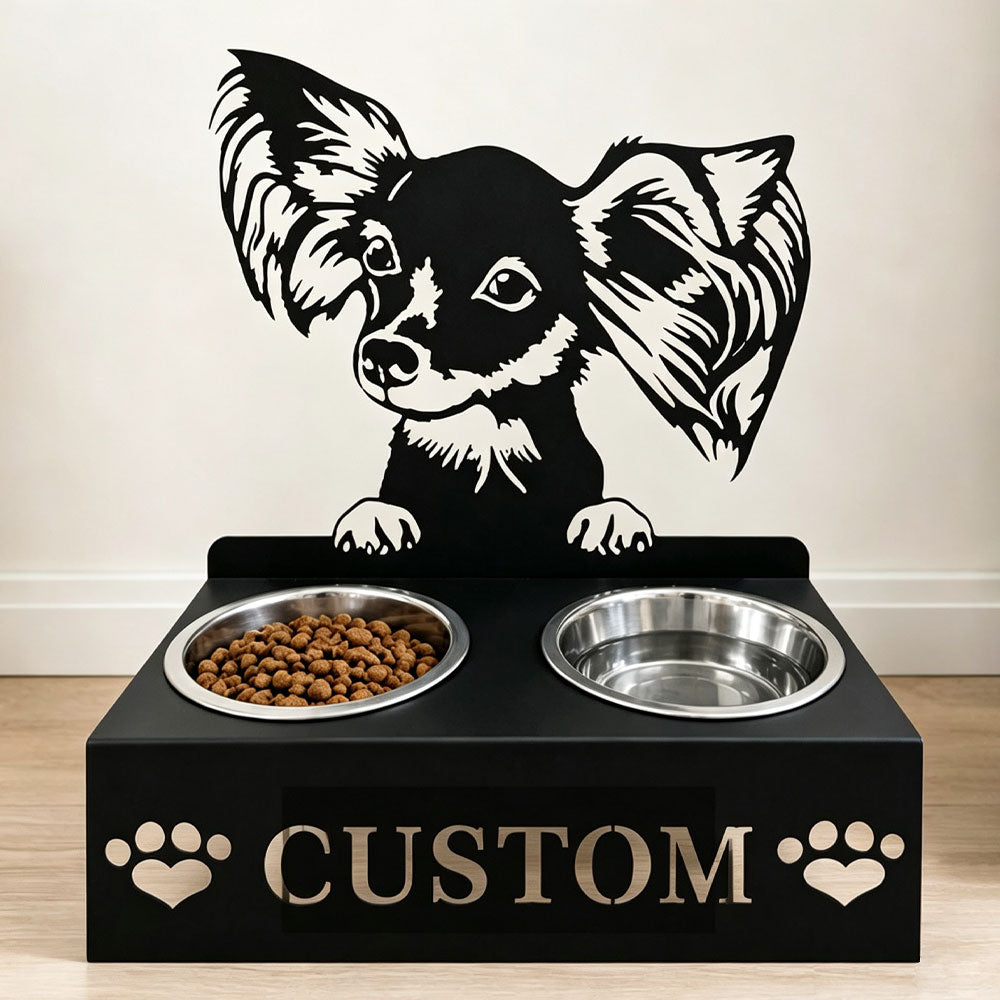 Personalized papillon metal dog bowl stand with custom name cutout and two removable feeding bowls