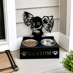 Personalized papillon metal dog bowl stand with custom name cutout and two removable feeding bowls