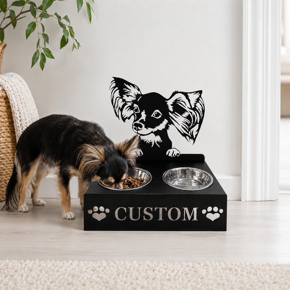 Personalized papillon metal dog bowl stand with custom name cutout and two removable feeding bowls