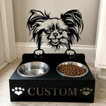 Personalized papillon metal dog bowl stand with custom name cutout and two removable feeding bowls
