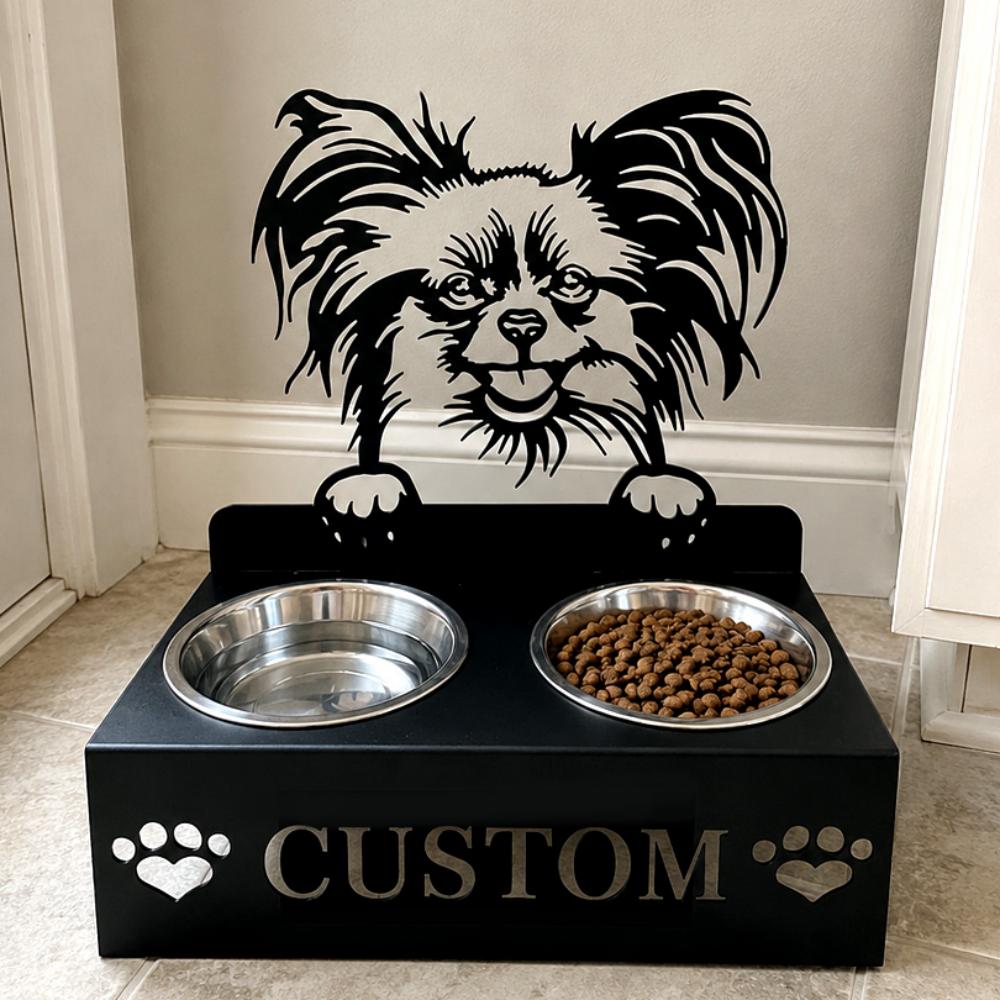 Personalized papillon metal dog bowl stand with custom name cutout and two removable feeding bowls