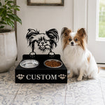 Personalized papillon metal dog bowl stand with custom name cutout and two removable feeding bowls