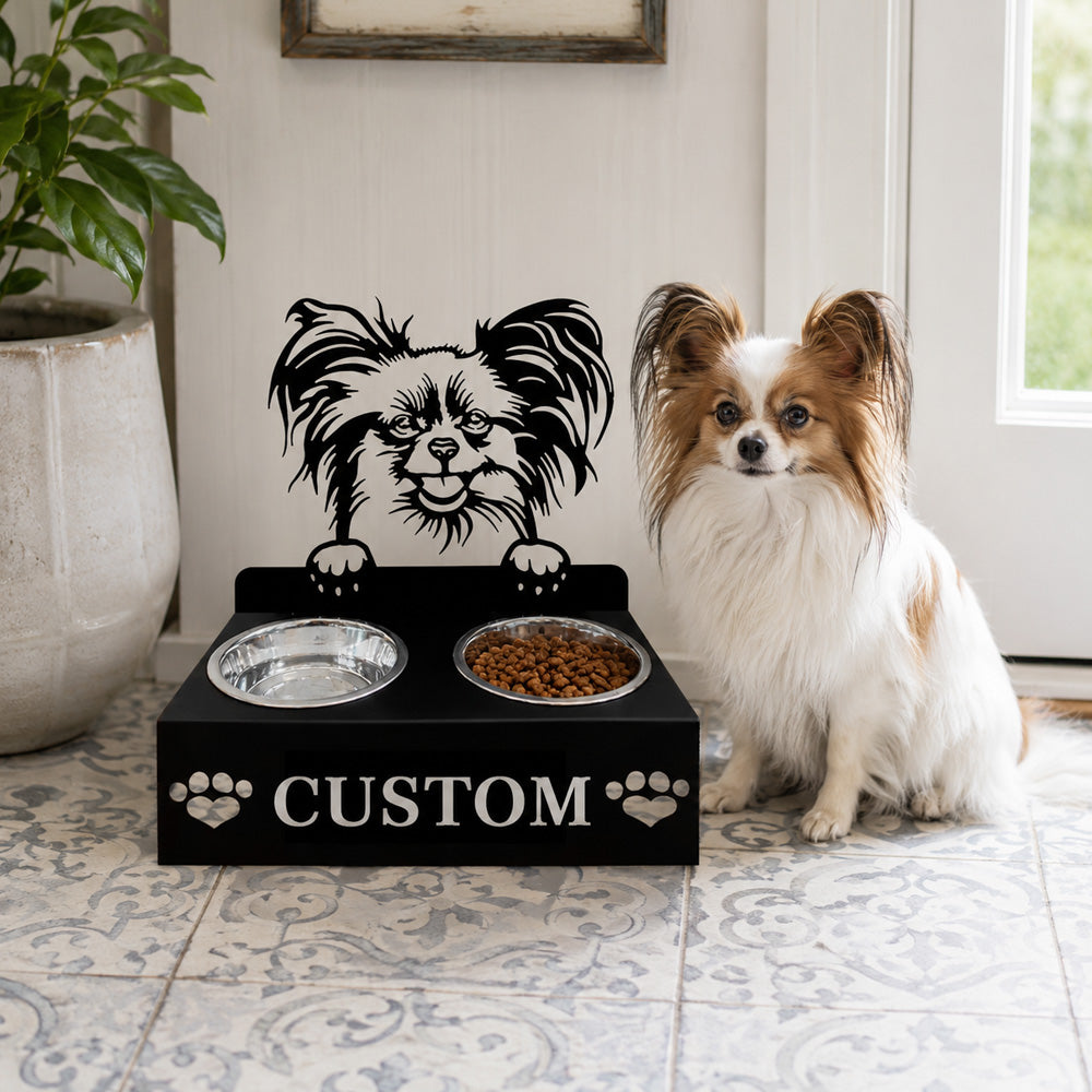 Personalized papillon metal dog bowl stand with custom name cutout and two removable feeding bowls