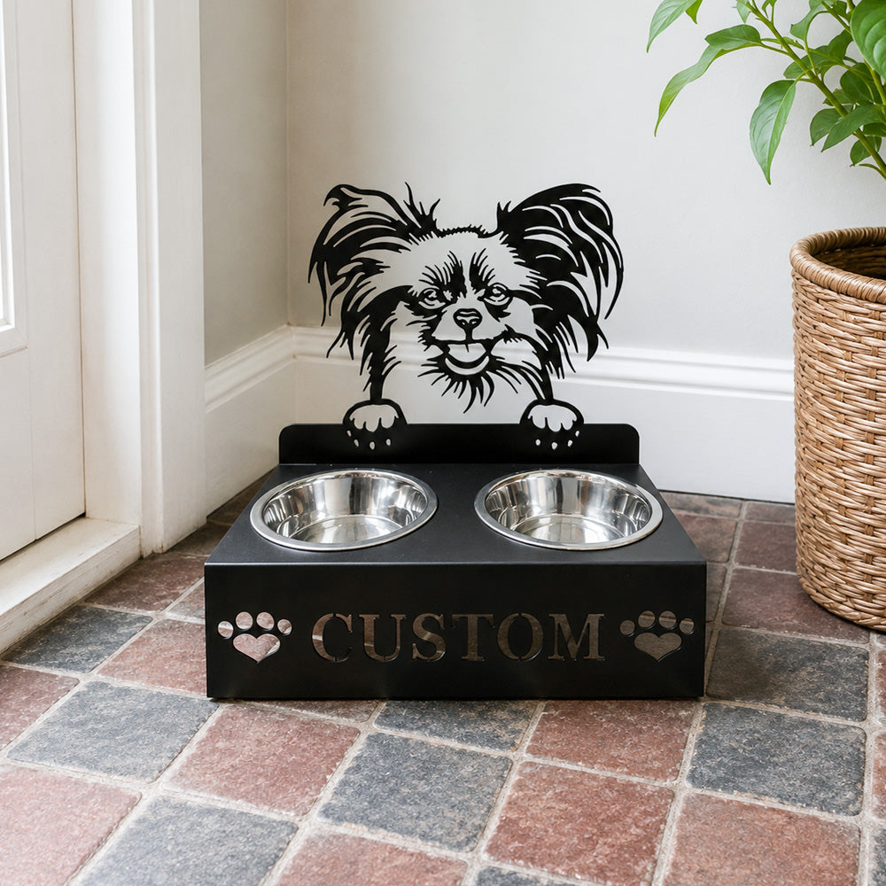 Personalized papillon metal dog bowl stand with custom name cutout and two removable feeding bowls