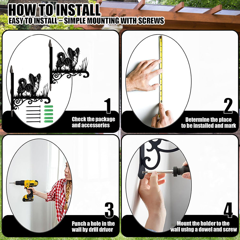 Papillon metal hanging basket bracket mounted on outdoor wall for plant decoration