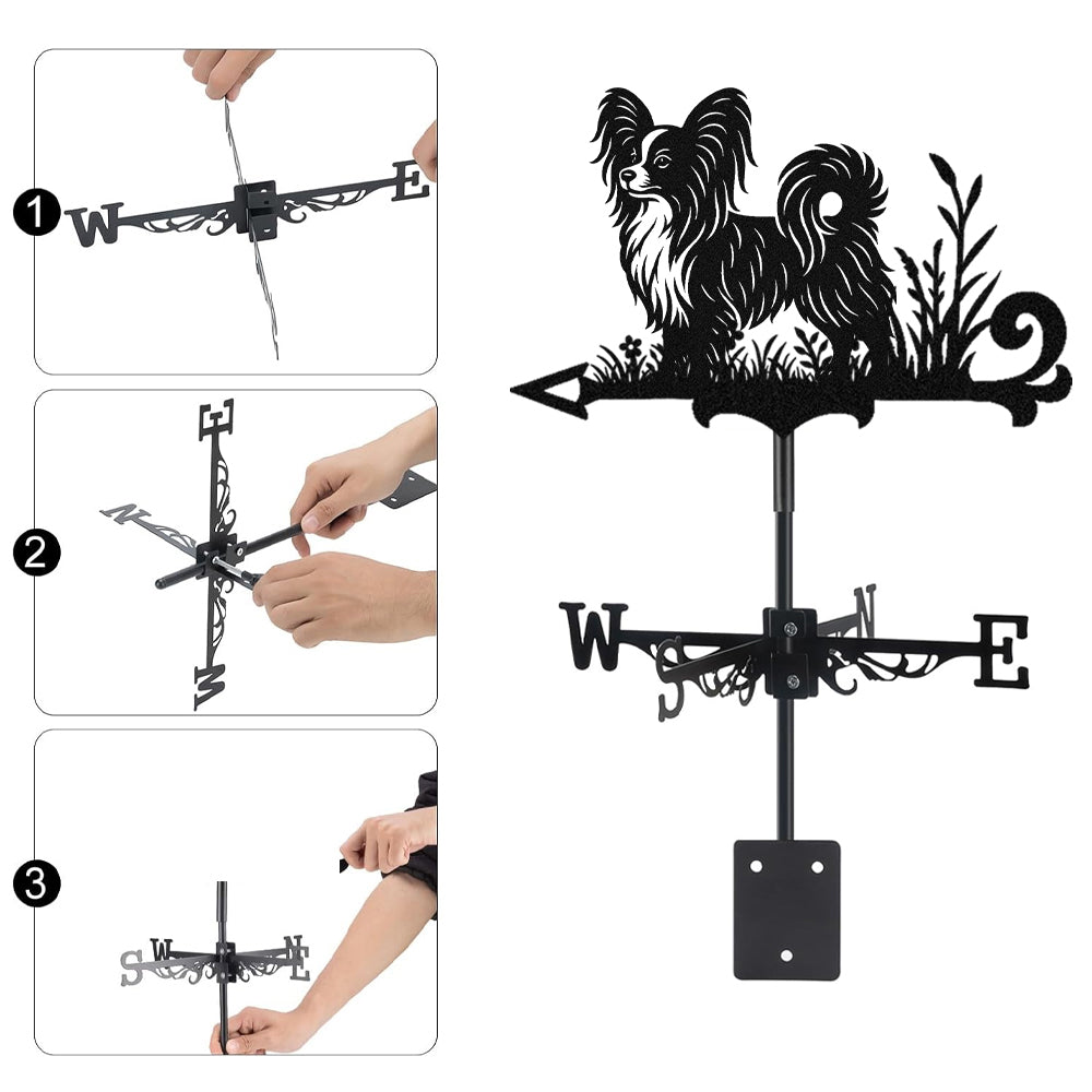 Papillon metal weather vane with directional arrows and mounting rod, outdoor roof and garden decoration