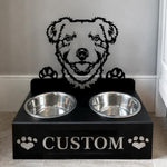 Personalized parson russell terrier metal dog bowl stand with custom name cutout and two removable feeding bowls
