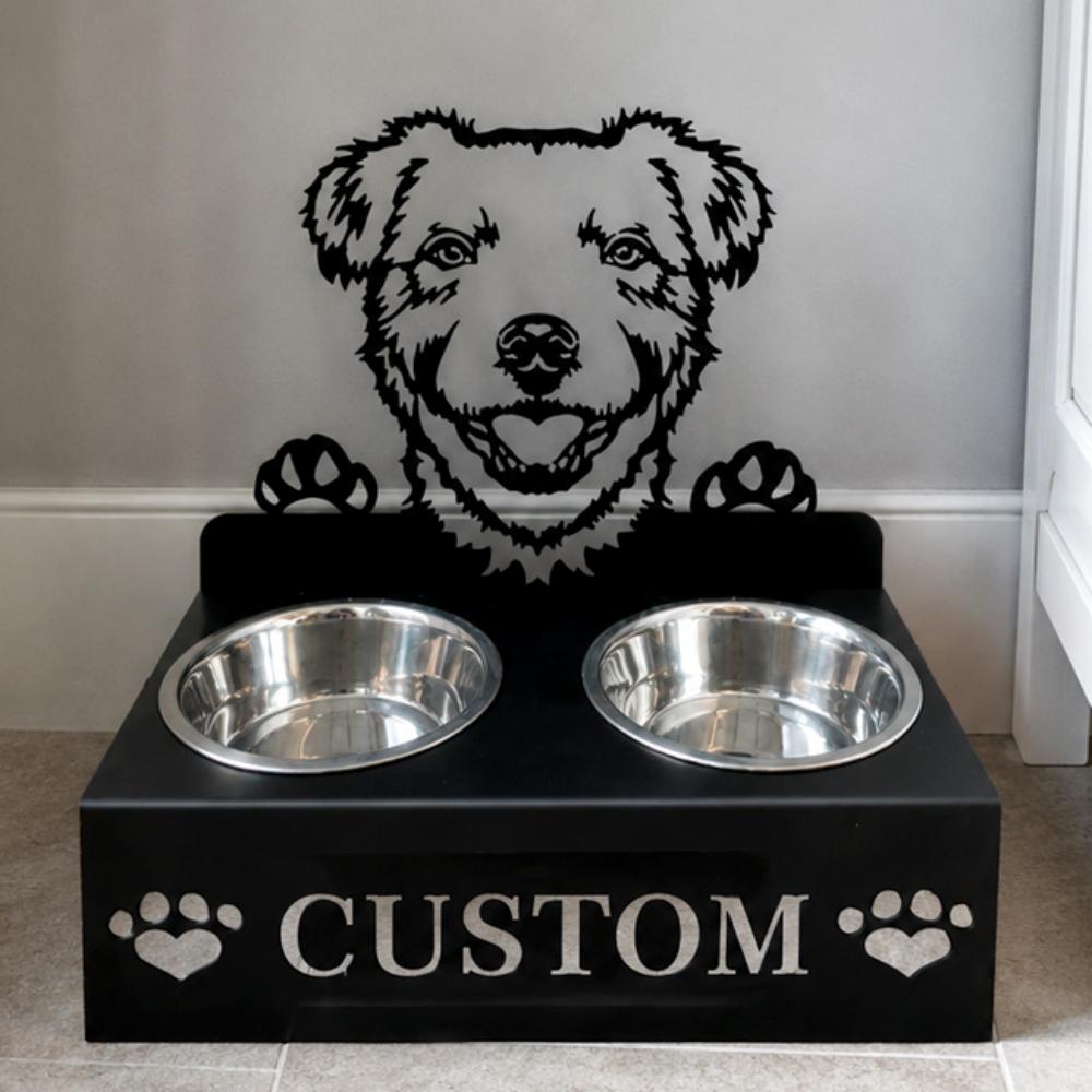Personalized parson russell terrier metal dog bowl stand with custom name cutout and two removable feeding bowls