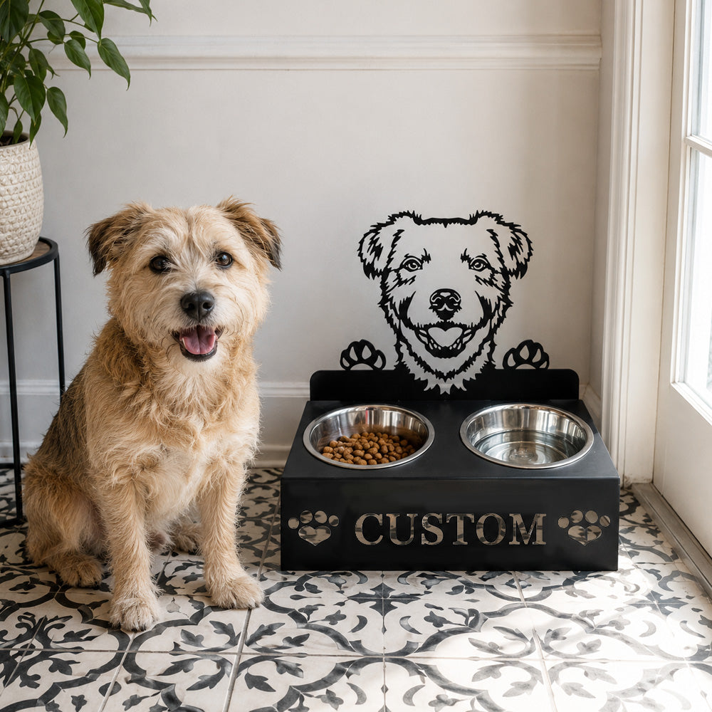 Personalized parson russell terrier metal dog bowl stand with custom name cutout and two removable feeding bowls