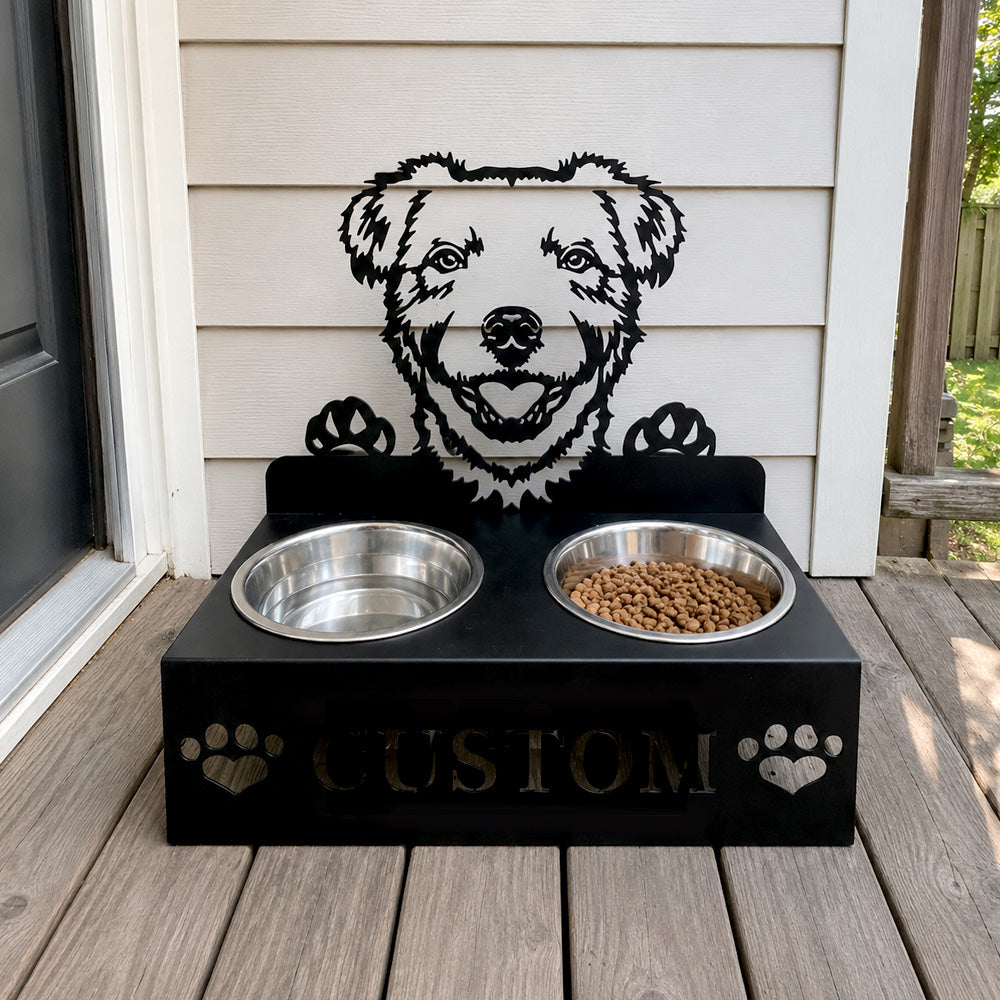 Personalized parson russell terrier metal dog bowl stand with custom name cutout and two removable feeding bowls