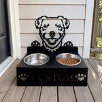 Personalized parson russell terrier metal dog bowl stand with custom name cutout and two removable feeding bowls