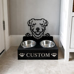 Personalized parson russell terrier metal dog bowl stand with custom name cutout and two removable feeding bowls