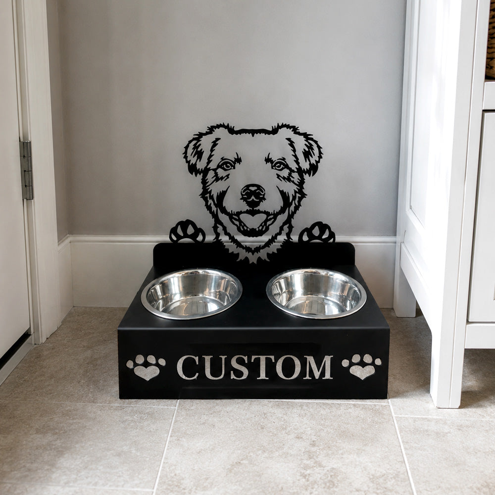Personalized parson russell terrier metal dog bowl stand with custom name cutout and two removable feeding bowls