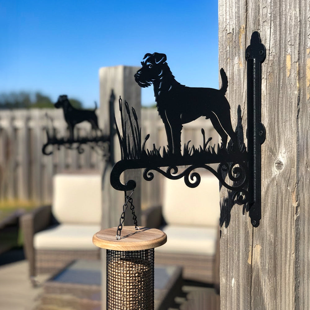 Parson russell terrier metal hanging basket bracket mounted on outdoor wall for plant decoration