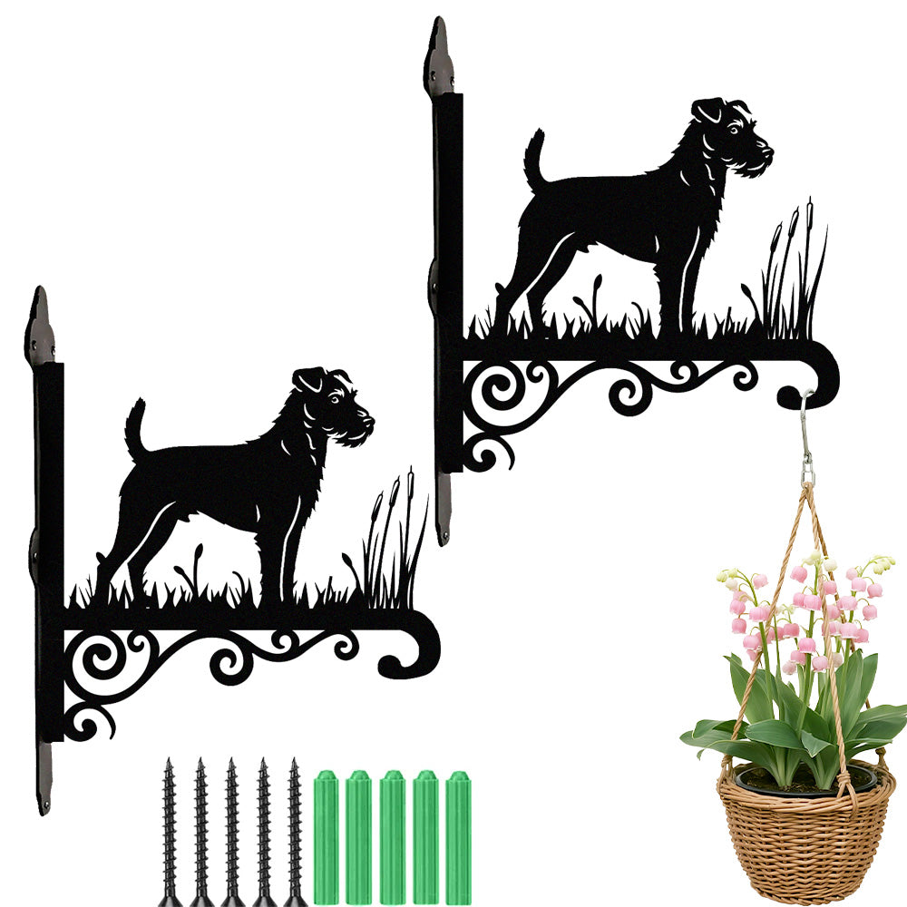 Parson russell terrier metal hanging basket bracket mounted on outdoor wall for plant decoration