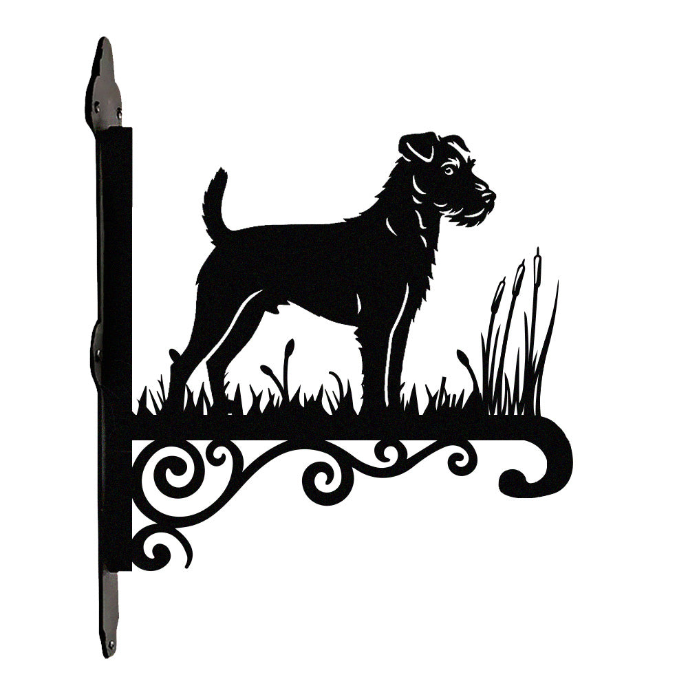 Parson russell terrier metal hanging basket bracket mounted on outdoor wall for plant decoration