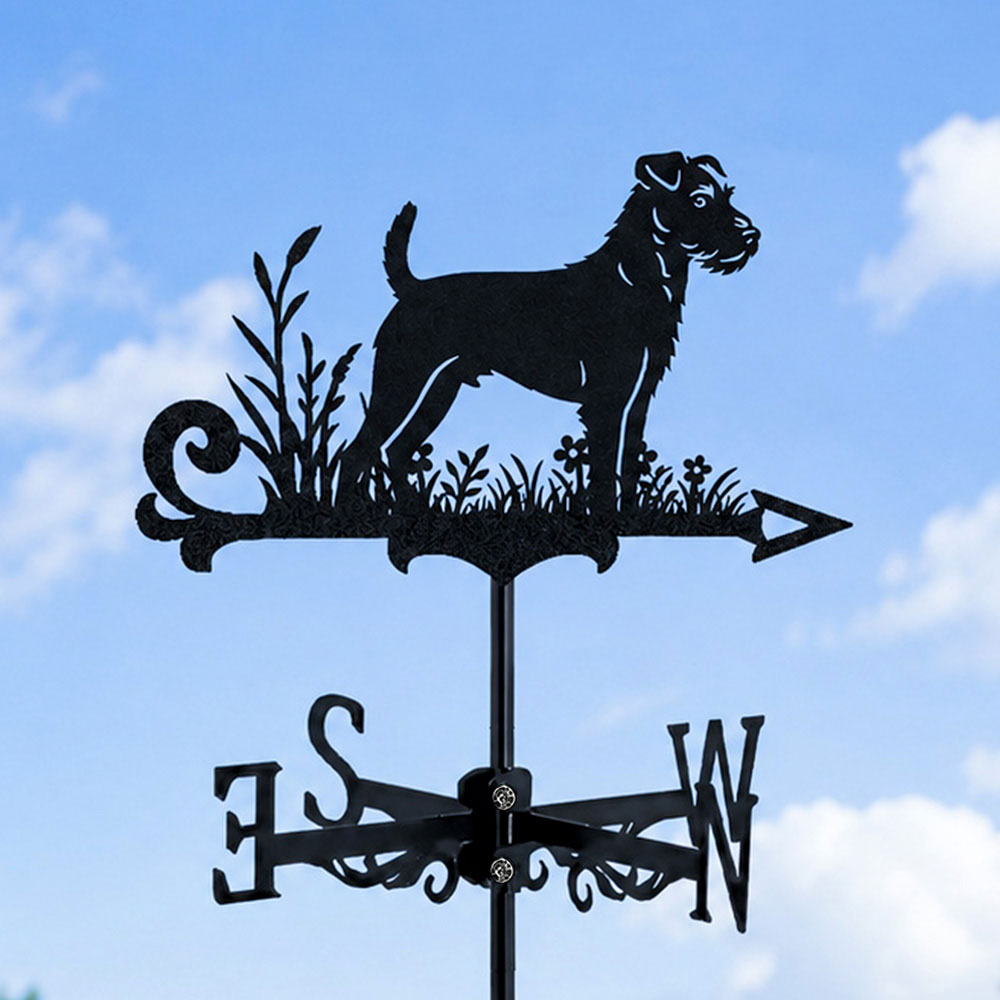 Parson russell terrier metal weather vane with directional arrows and mounting rod, outdoor roof and garden decoration