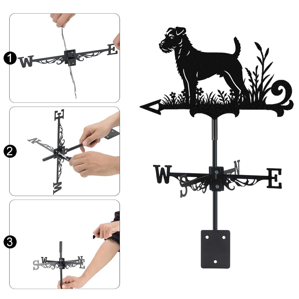 Parson russell terrier metal weather vane with directional arrows and mounting rod, outdoor roof and garden decoration