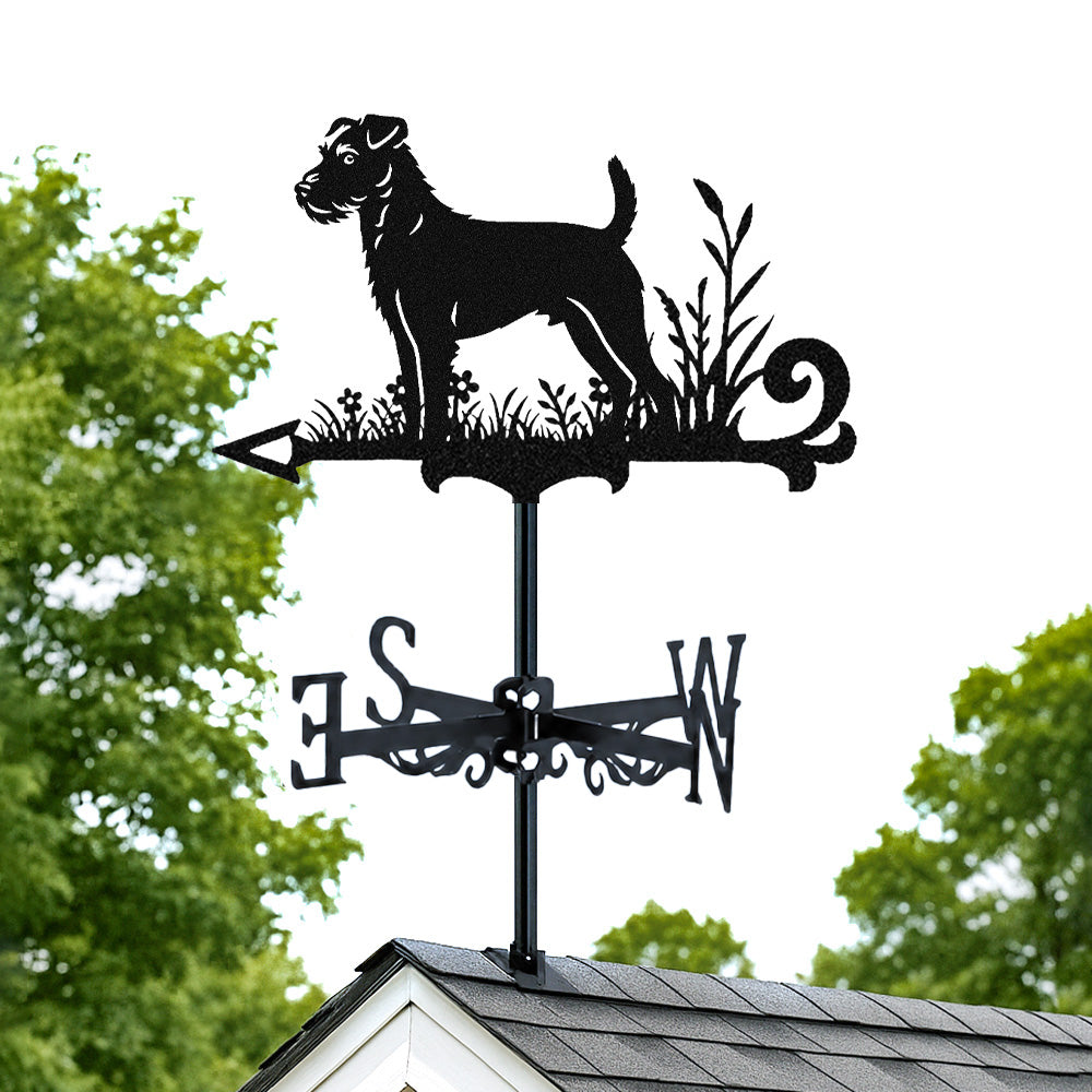 Parson russell terrier metal weather vane with directional arrows and mounting rod, outdoor roof and garden decoration
