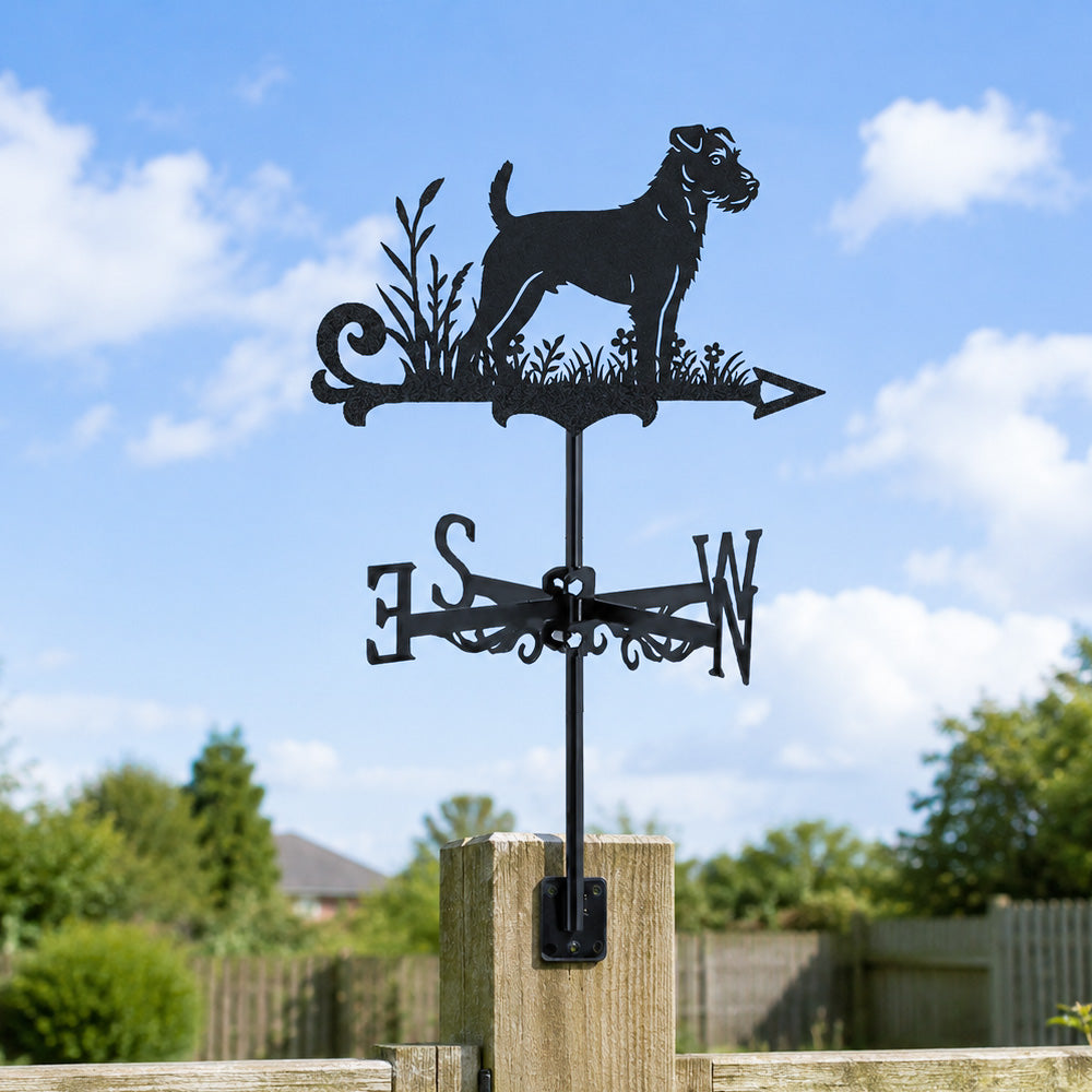 Parson russell terrier metal weather vane with directional arrows and mounting rod, outdoor roof and garden decoration
