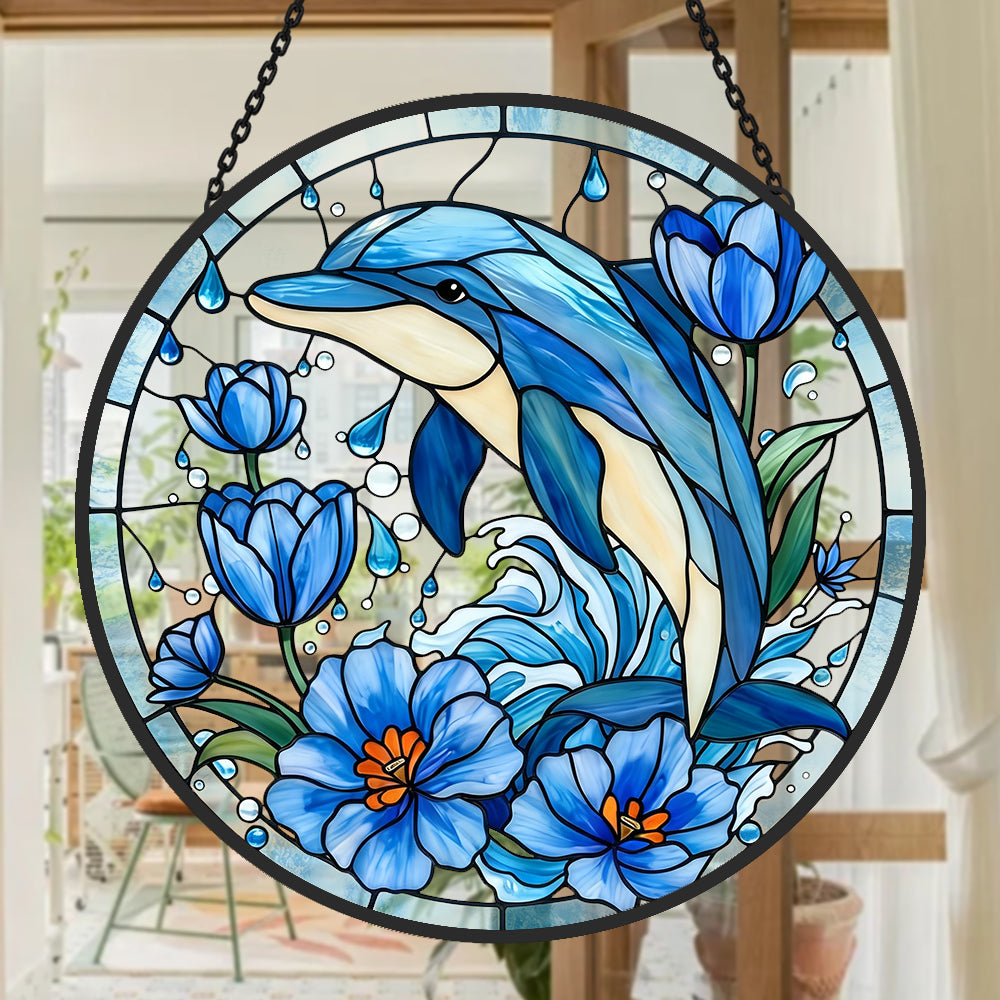 Pastel pink coral seahorse stained glass suncatcher window hanging, suitable for home and garden decoration