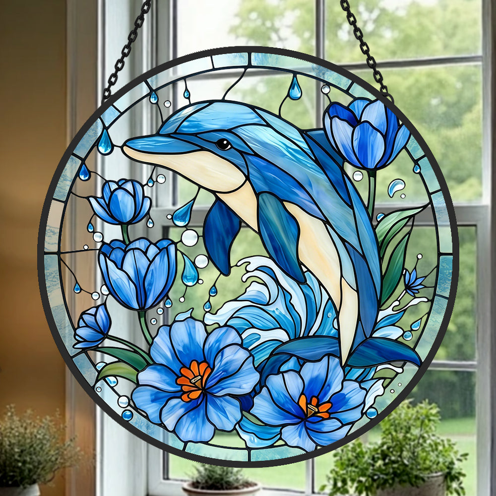 Pastel pink coral seahorse stained glass suncatcher window hanging, suitable for home and garden decoration