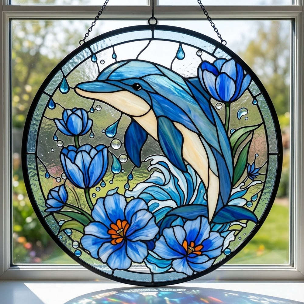 Pastel pink coral seahorse stained glass suncatcher window hanging, suitable for home and garden decoration