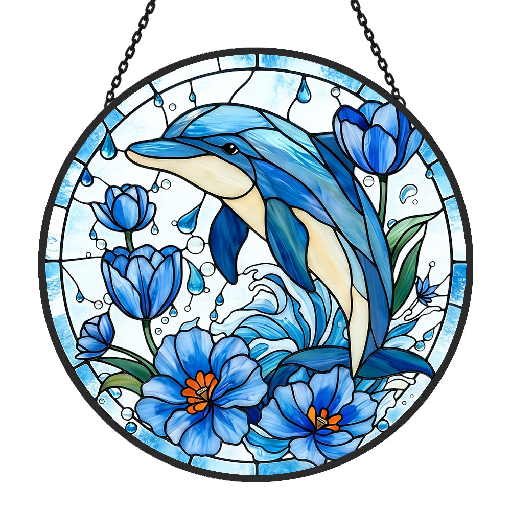Pastel pink coral seahorse stained glass suncatcher window hanging, suitable for home and garden decoration