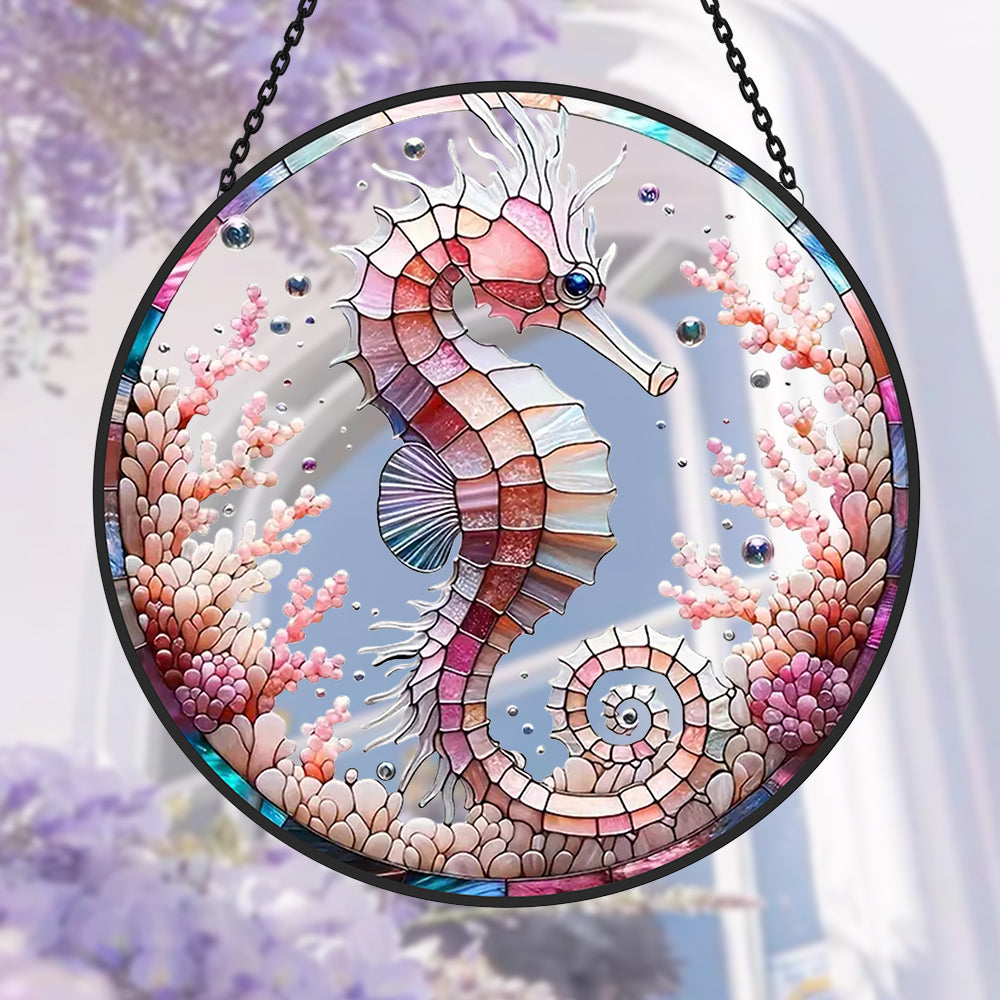 Pastel pink coral seahorse stained glass suncatcher window hanging, suitable for home and garden decoration