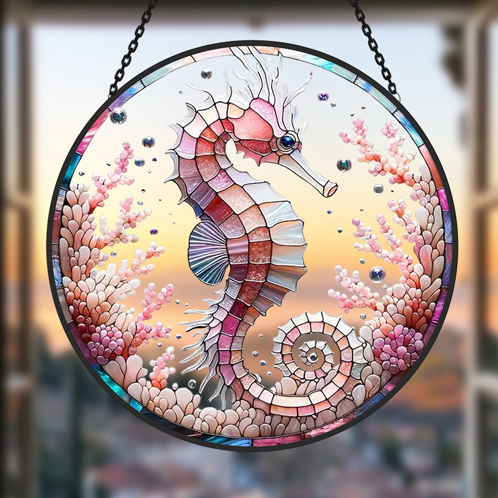 Pastel pink coral seahorse stained glass suncatcher window hanging, suitable for home and garden decoration