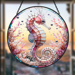 Pastel pink coral seahorse stained glass suncatcher window hanging, suitable for home and garden decoration
