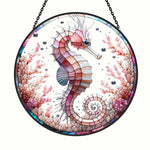 Pastel pink coral seahorse stained glass suncatcher window hanging, suitable for home and garden decoration