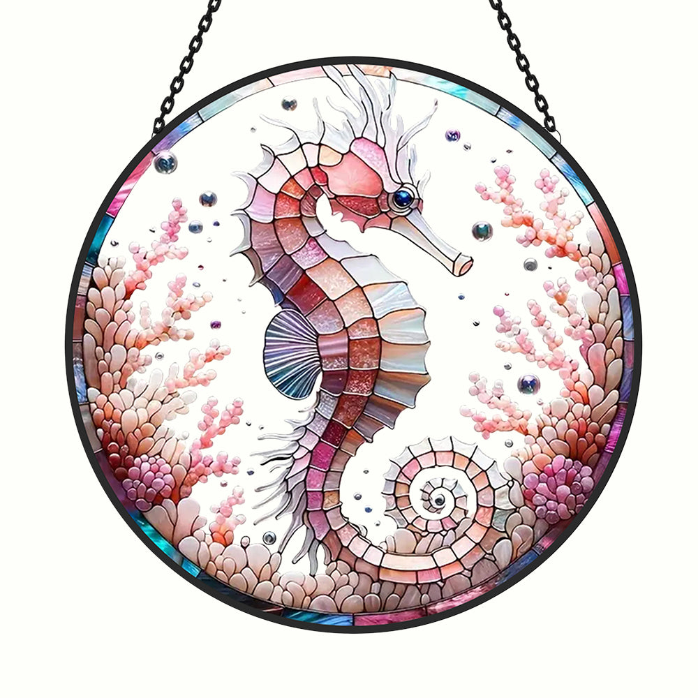 Pastel pink coral seahorse stained glass suncatcher window hanging, suitable for home and garden decoration