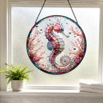Pastel pink coral seahorse stained glass suncatcher window hanging, suitable for home and garden decoration