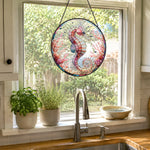 Pastel pink coral seahorse stained glass suncatcher window hanging, suitable for home and garden decoration