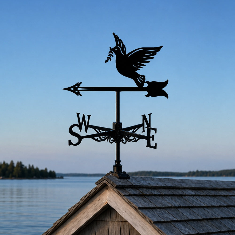 Peace dove metal weather vane with directional arrows and mounting rod, outdoor roof and garden decoration