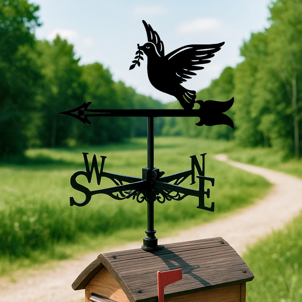 Peace dove metal weather vane with directional arrows and mounting rod, outdoor roof and garden decoration