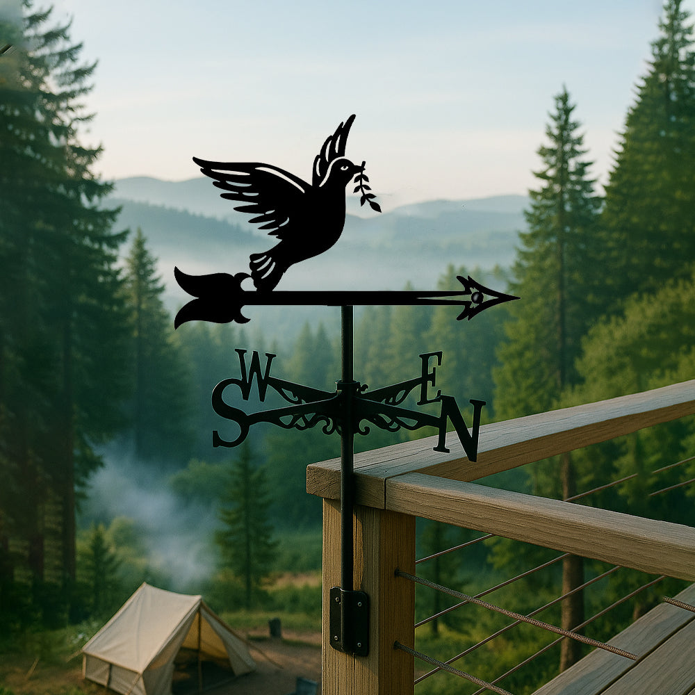Peace dove metal weather vane with directional arrows and mounting rod, outdoor roof and garden decoration